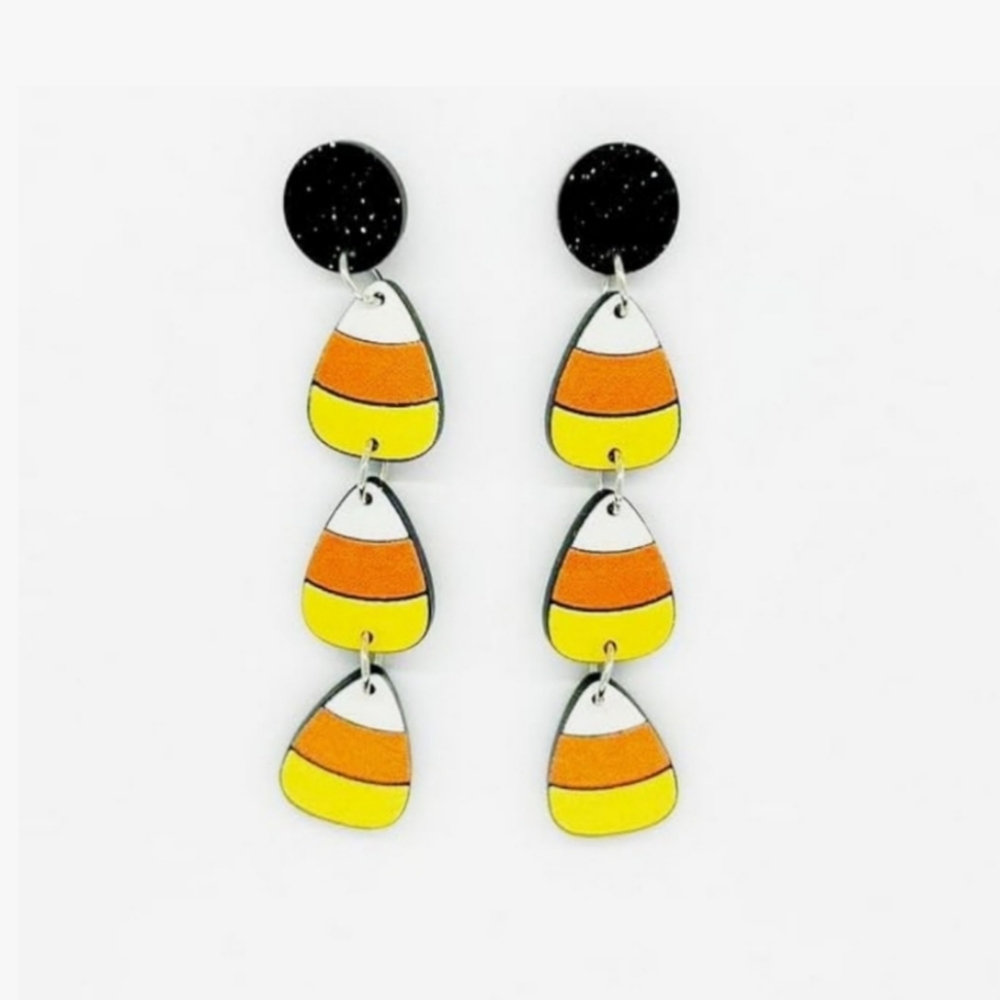 Halloween Earrings Acrylic Cute Candy Corn Glitter Dangle Earring - Picture 2 of 2